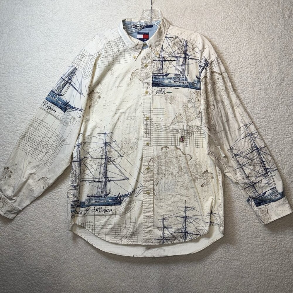 Vintage Tommy Hilfiger Nautical Map Print Button Down Shirt Size L Hip Hop 90s